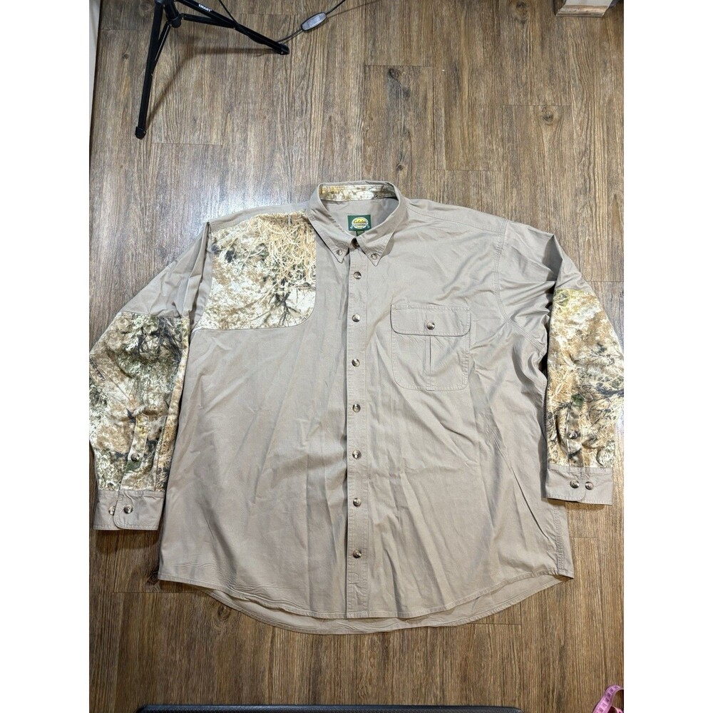 Vintage Cabelas Shooting Shirt Mens 3XLT Beige Canvas 90s Camo